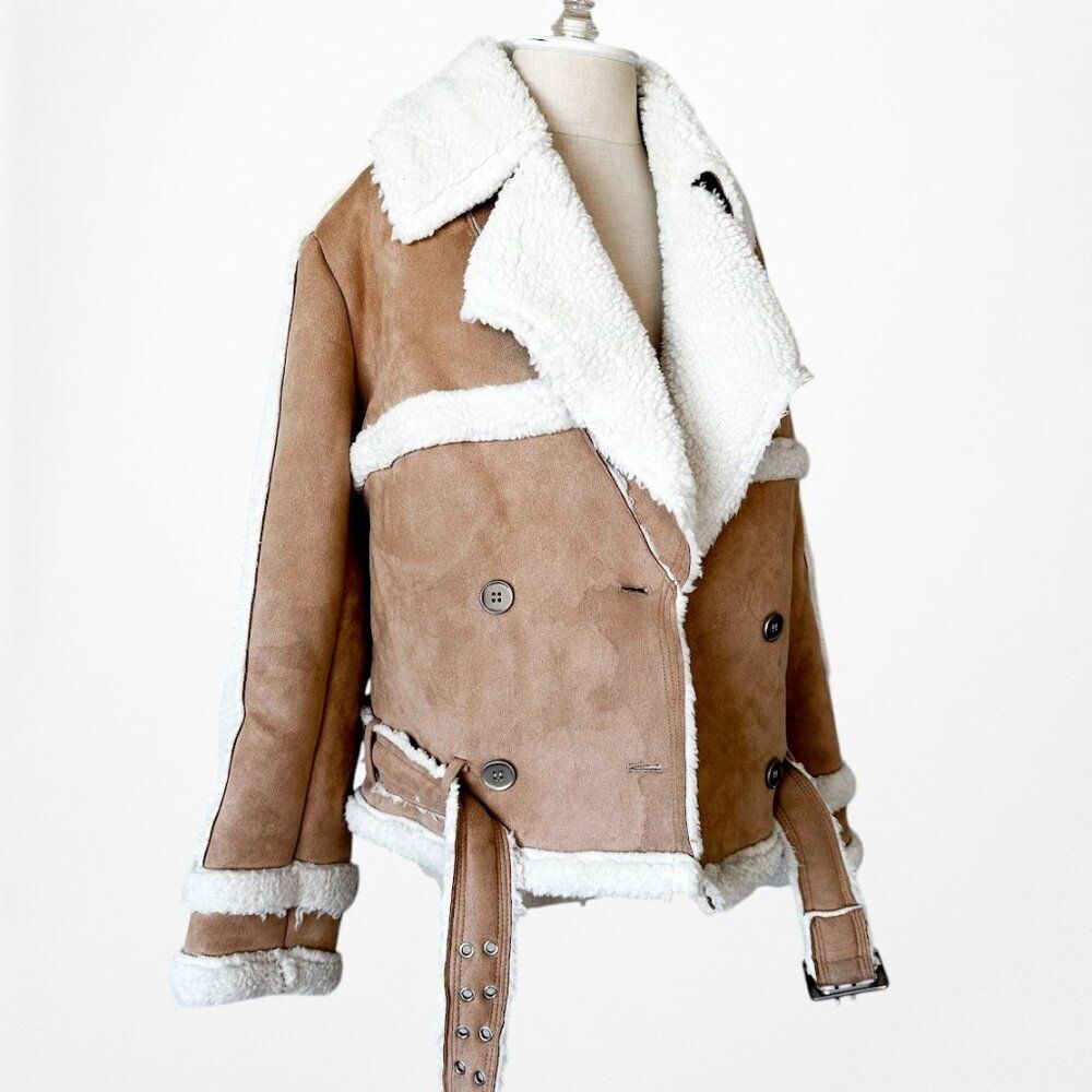 Vintage Y2K 90s Brown Suede Faux Fur Fleece Lined Motorcycle Biker Jacket Coat L - Picture 6 of 9